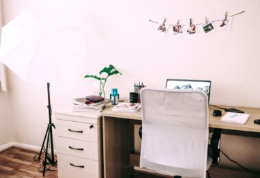 Tidy home work area with a computer, ready to work online from home and get paid