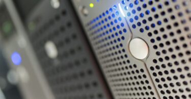 Servers in a data center room that power a hosting service for website owners