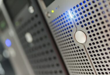 Servers in a data center room that power a hosting service for website owners