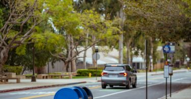 Blue collection mailboxes on a tree-lined street, one of the most common USPS drop off locations