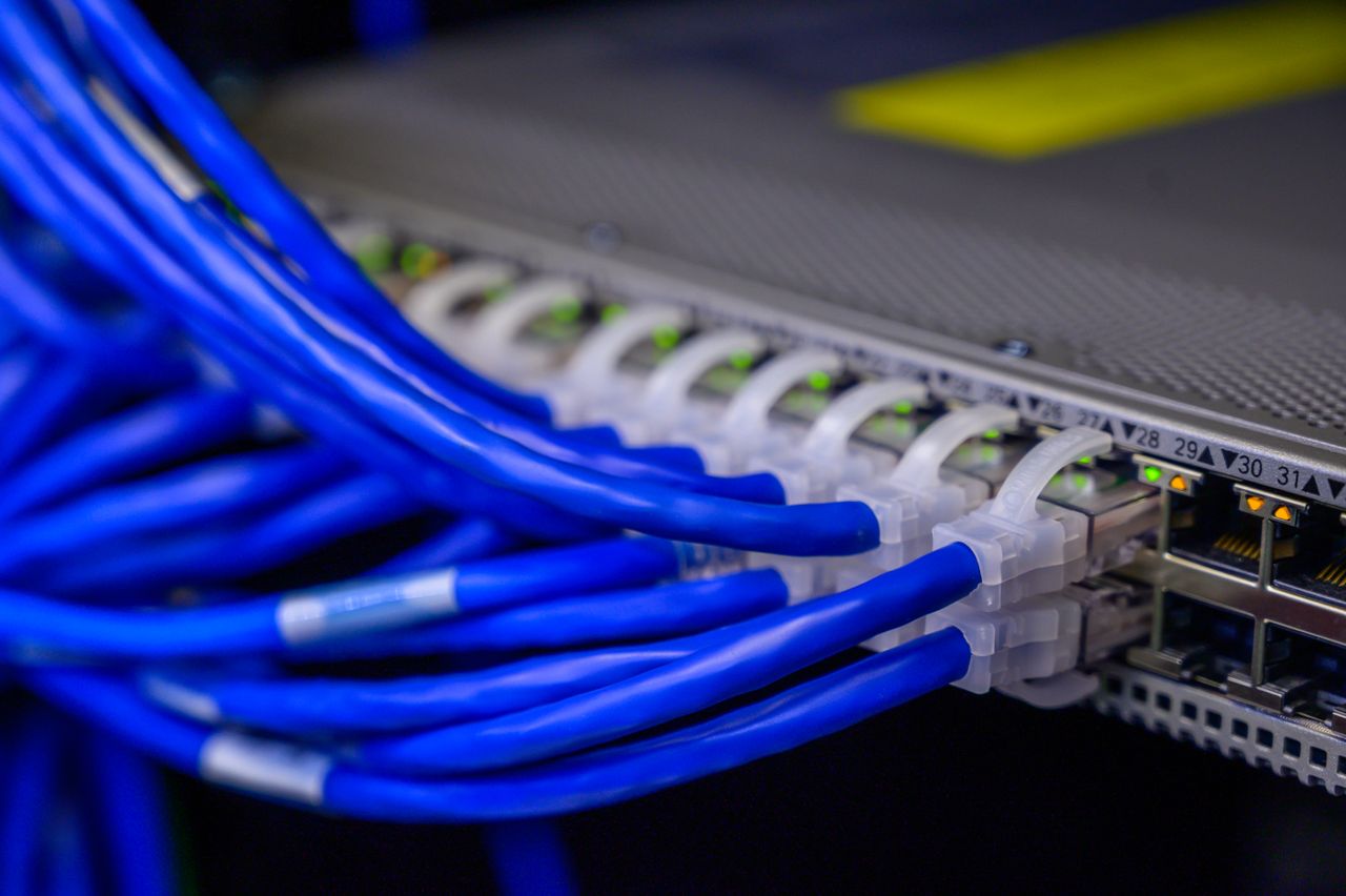 Network cables plugged into server ports at a website hosting service data center