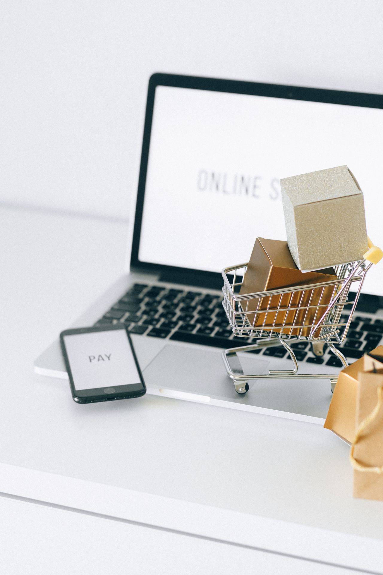 Mini shopping cart with a paper bag on a laptop, like an Ecwid store added to an existing website