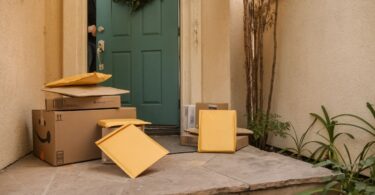 Delivery parcels stacked at a front door, the first place to check when asking USPS where's my package
